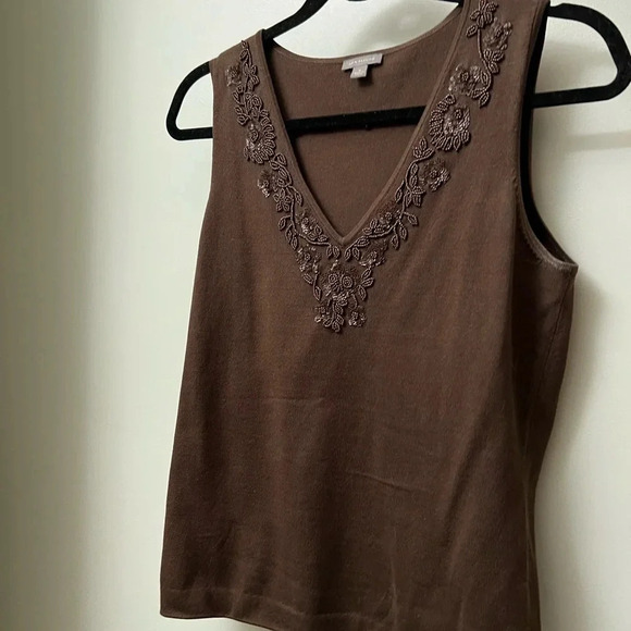 Ann Taylor brown beaded v-neck sweater silk-blend sleeveless top medium - Picture 12 of 17